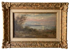 19th CENTURY FRENCH ANTIQUE OIL  -  BOAT ON LAKE GENEVA AT SUNSET - SIGNED COROT
