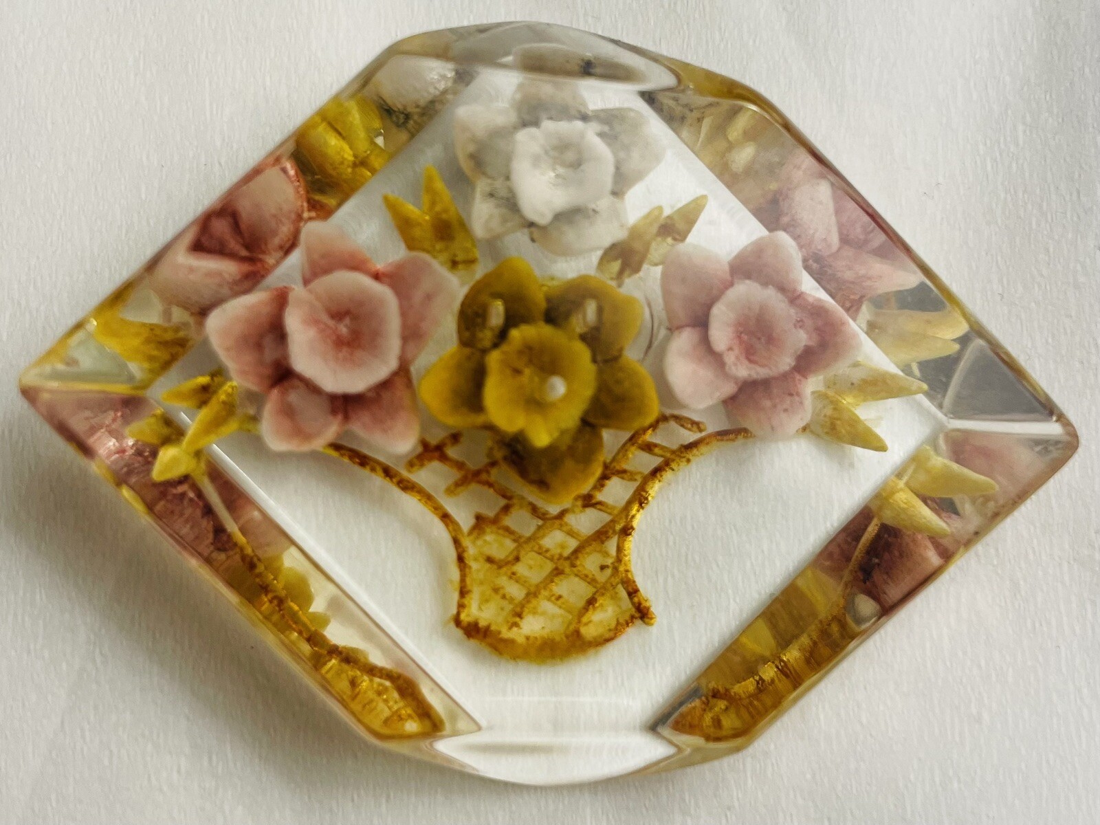 Ex RARE Vintage multicolor  FLORAL VASE Reversed Carved button, ca., 1930s/1940s