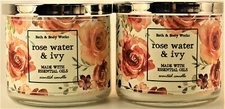 QTY 2 - Bath & Body Works ROSE WATER & IVY 3 Wick 14.5 Oz Scented Candle