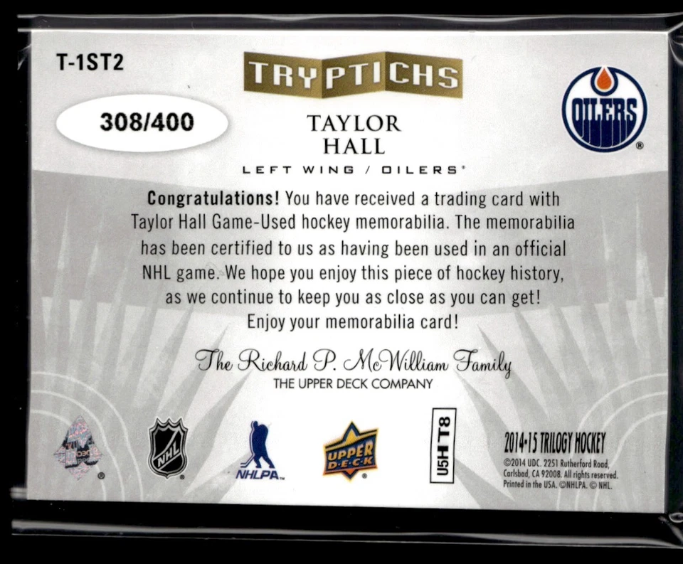 2014-15 Upper Deck Trilogy Tryptichs Taylor Hall /400 #T-1ST2 - Image 2 of 2