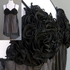 Sheer Black Lingerie Gown Nightie Teddy 3-D Floral Look Ruffled Bra Top sz L XL