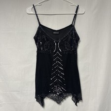 Wet Seal Women&rsquo;s Black Chiffon Sheer Cami Med Spaghetti Strap Beaded Sequin