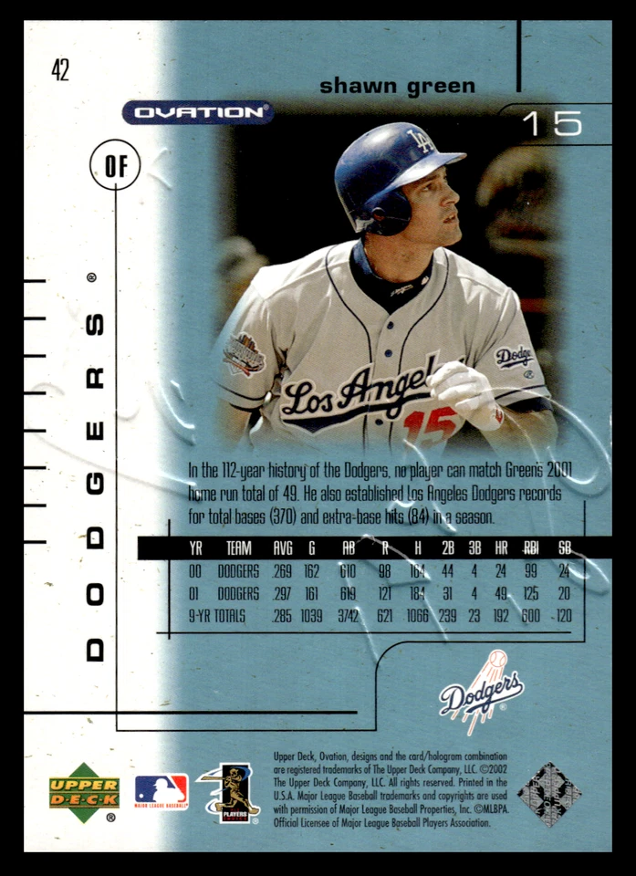2002 Upper Deck Ovation Shawn Green #42 Los Angeles Dodgers MLB Baseball Base - Image 2 of 2