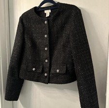 H M Women  s Black Short Lined Button-Front Jacket, Long Sleeve, Size M