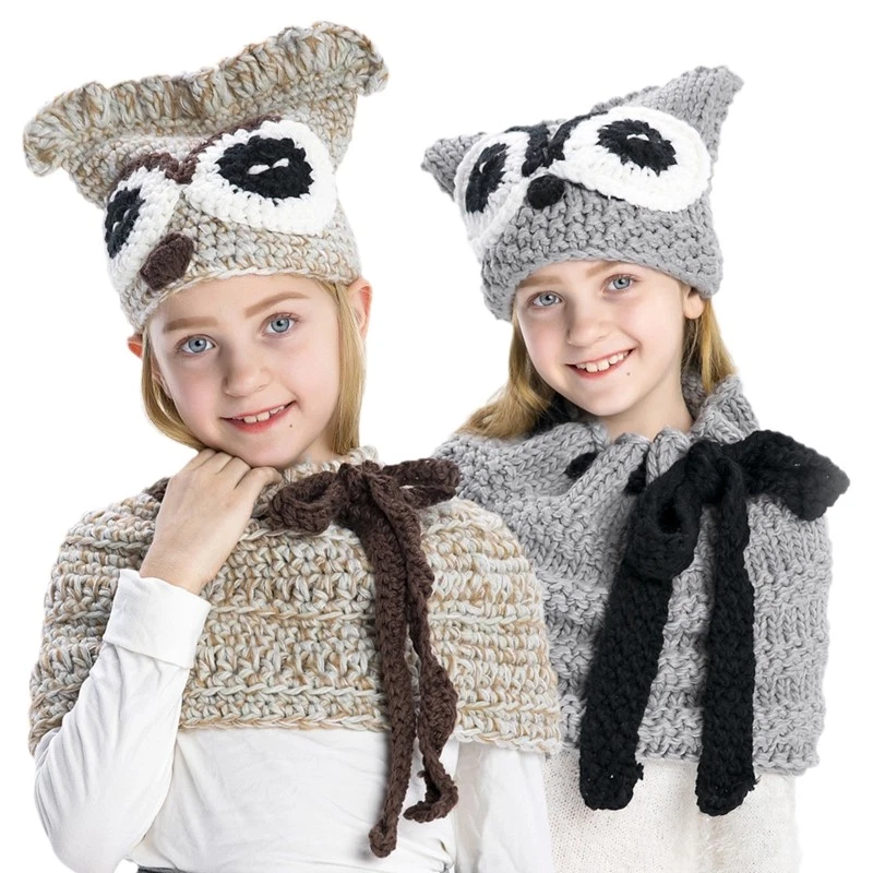 Creative Warm Owl Animal Cap Scarf Kit Knit Thick for Child Outdoor Playing