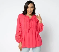 Susan Graver Petite PURE Sheer Crinkled Gauze Lace and Tassel Tunic Shirt Sunris
