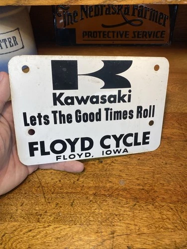 Vintage Kawasaki Motorcycle Plate Floyd Iowa Cycles Metal Sign Topper