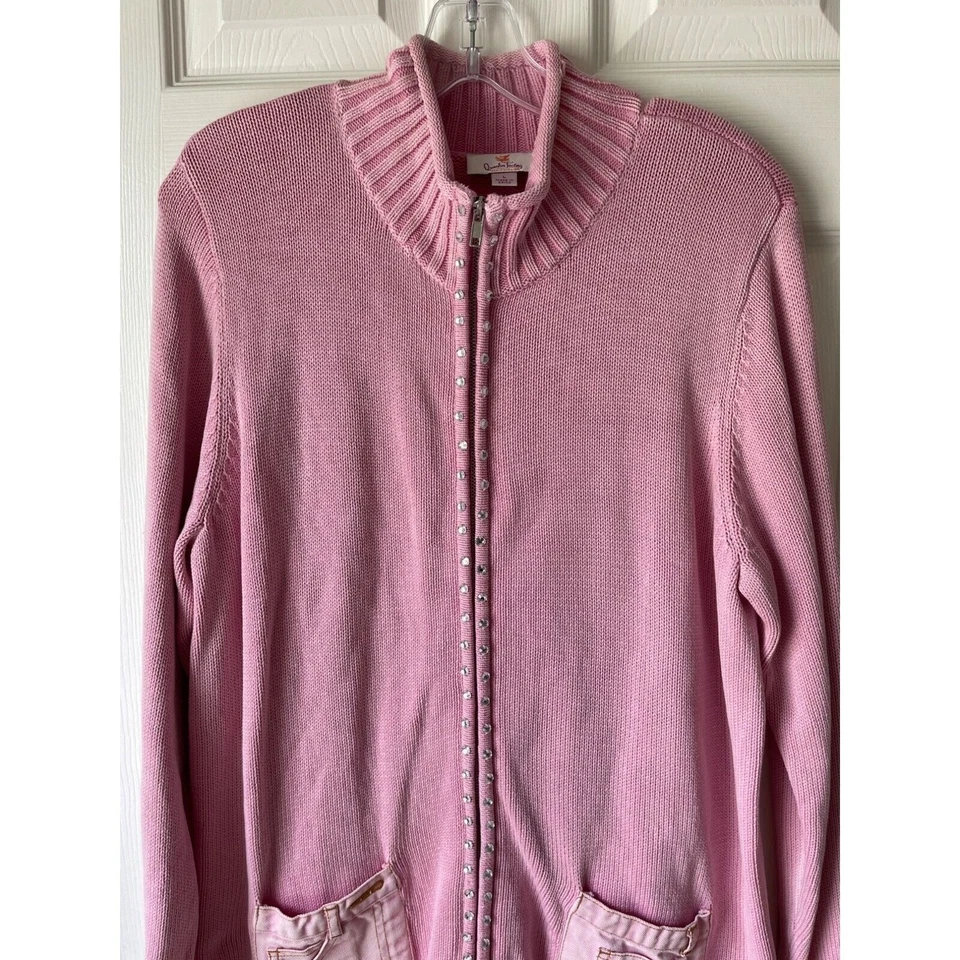 Quacker Factory Sweater Womens Large Cardigan Rhinestone Patchwork Pockets Pink - Image 3 of 4