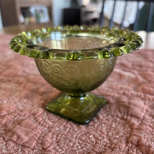 Vintage Green Indiana Depression Glass Footed Open Lace Compote Dish