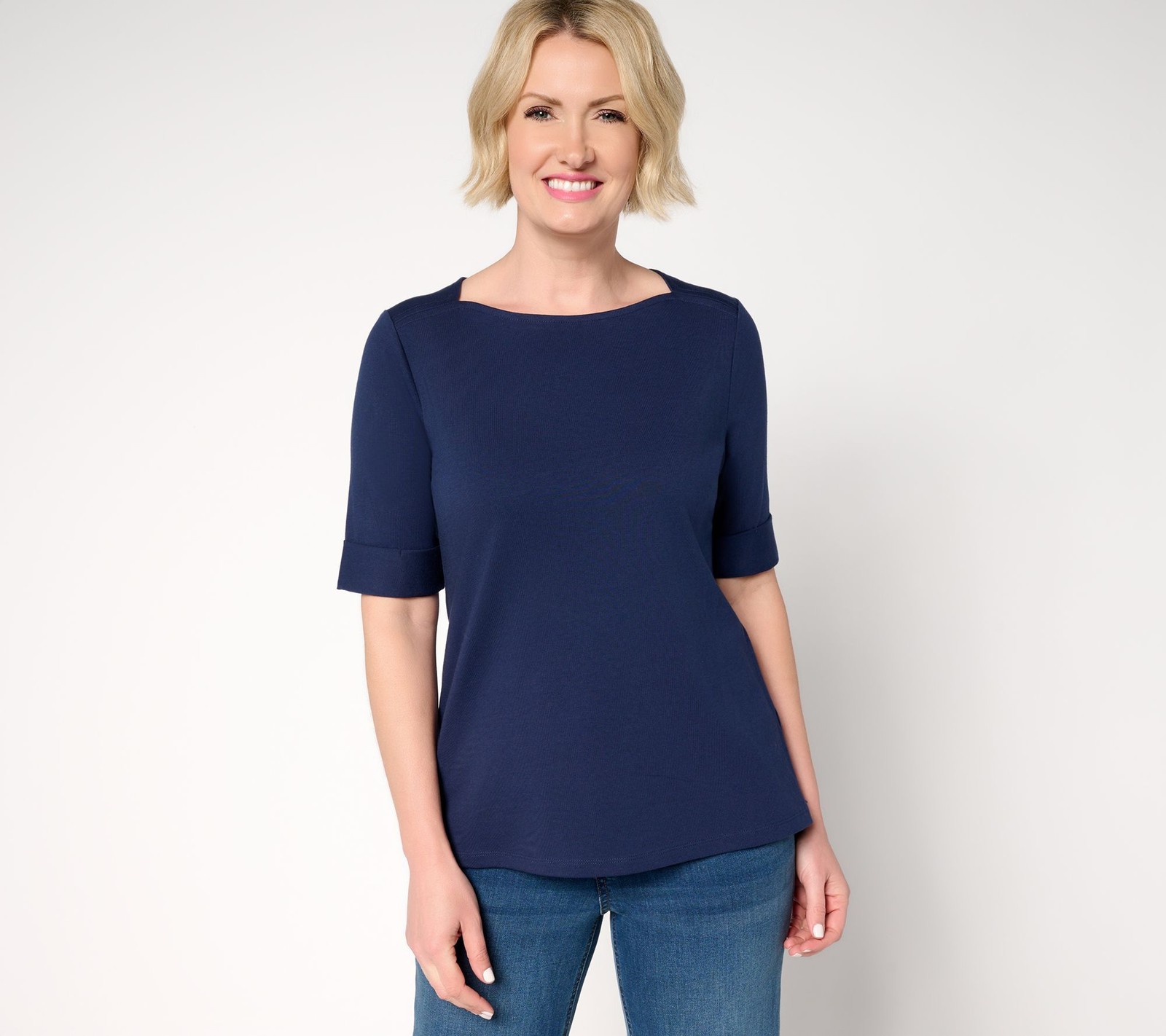 Denim & Co. Women's Top Sz L Essentials Perfect Jersey Rolled Cuff Blue A699013