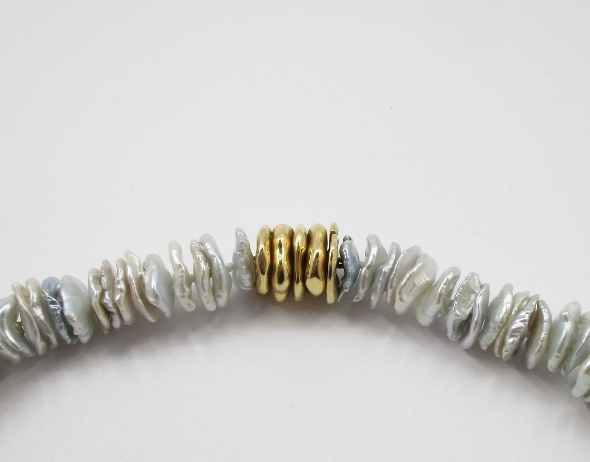 Strand of Twilight Blue Keshi Pearls With 18 Karat Yellow Gold Stations 18 1/2" View 3