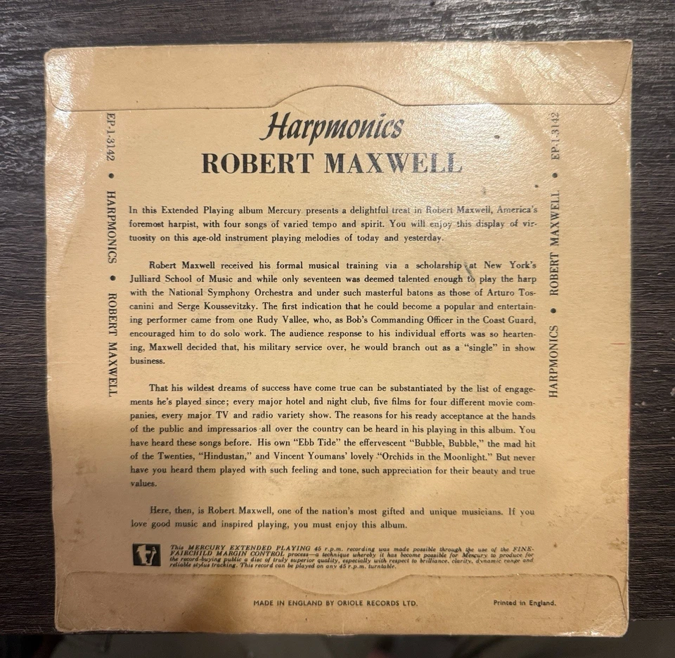 Robert Maxwell – Harmonics (Mercury EP-1-3142, 1953 U.S. 45 EP) - Image 3 of 3