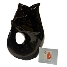 Gurgle Pot Large Glossy Black Ceramic Fish Pitcher, 9.5” Tall, 42oz