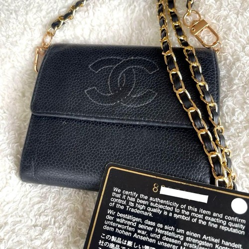 CHANEL CC Bifold Wallet Black Caviar Leather With Add-On Chain