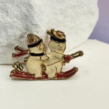 Gold Tone Enamel Snowman Skiing Brooch Pin Christmas Winter Vintage Holiday Gift