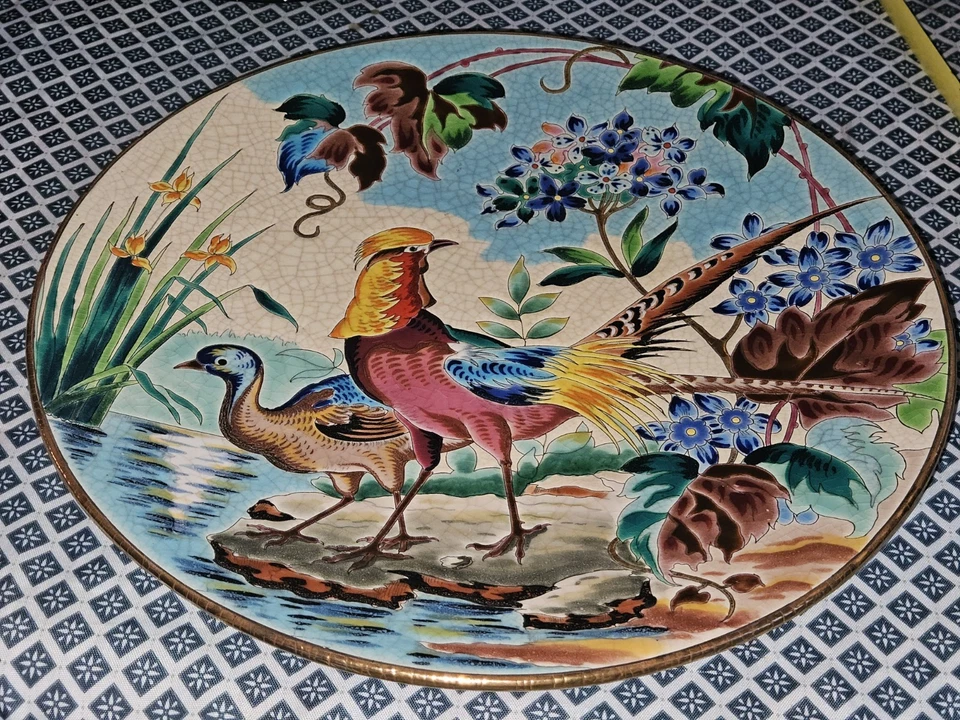 Ancien GRAND PLAT EN EMAUX DE LONGWY Faisans Et Faisannes 36 cm - Photo 2/4