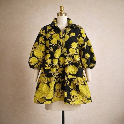Anthropologie Metallic Gold Shimmer Floral Black Jacquard Swing Tunic Dress S