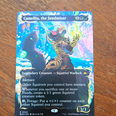 Camellia, the Seedmiser Bloomburrow 0346 Raised Foil Borderless Squirrel Warlock