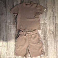 Public Supply NYC Women's Beige Outfit Set S T-Shirt Shorts Relaxed Summer