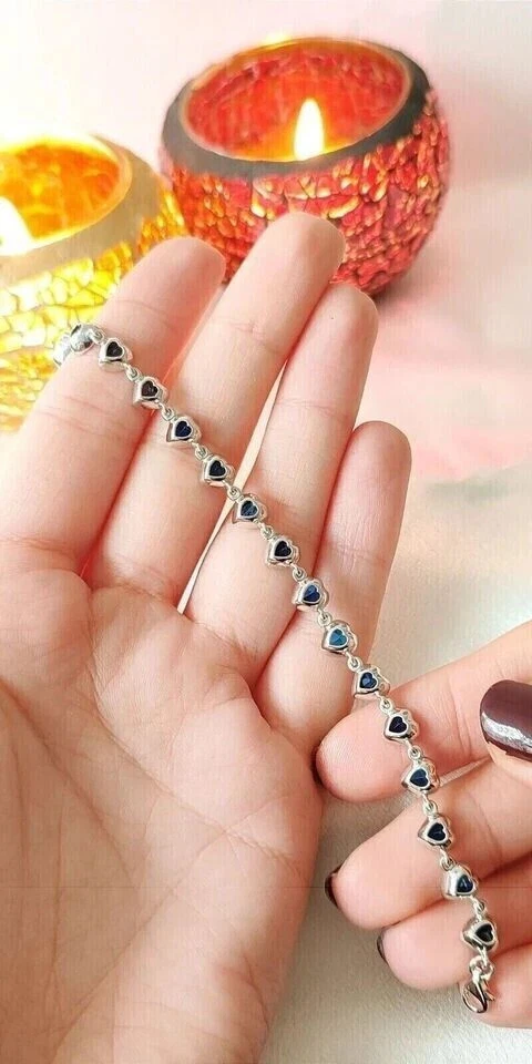 Brazalete Tenis 7 Ct Corazón Zafiro Simulado Forma Corazón Chapado en Oro Blanco 14K Foto 3 de 4