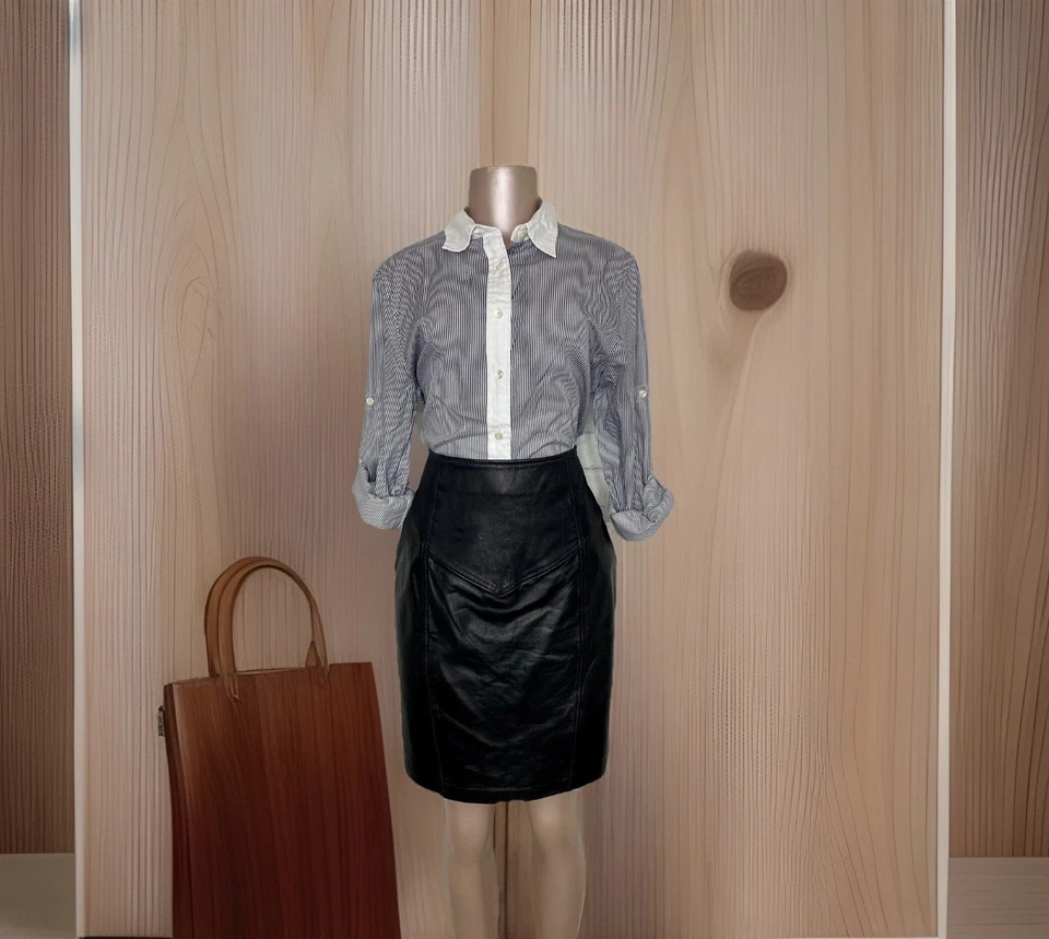 Falda lápiz vintage de cuero genuino negra de los años 80/90’s cintura alta para mujer talla 14 Foto 4 de 4