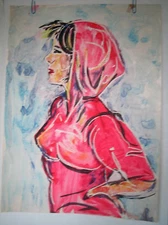 LP17 (A2) Fabulous Watercolor Resist Painting Girl in Hoodie Unsigned