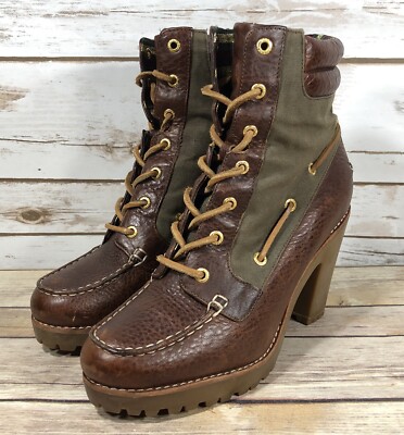 Sperry Trinity Leather Canvas Heel Ankle Boots Womens Size 7.5 Lace Up Brown
