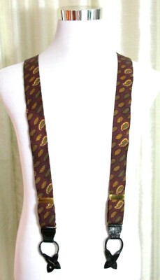 Cole Haan DRK RED PAISLEY 100%SILK BLACK LEATHER BUTTON-ON X-BACK SUSPENDERS (Z7