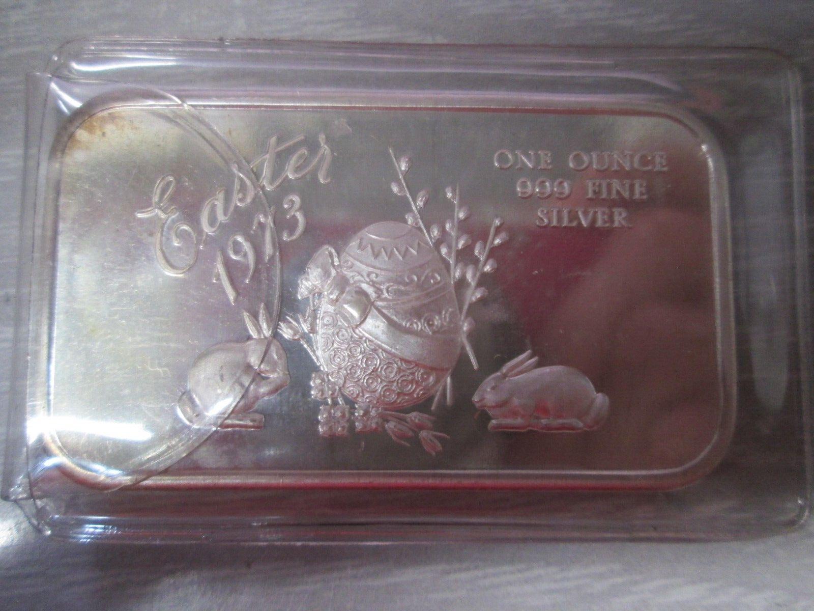Vintage 1973 Easter Rabbit Bunnies Egg .999 Fine Silver 1 Ounce Art Bar