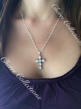 Lab White Fire Opal 925 Sterling Silver Plated Cross Pendant Necklace 18" N34