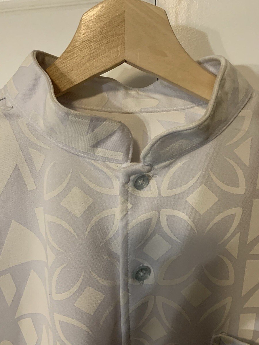 Vintage Shirt Mandarin Band Collar White Scroll Pattern Mens