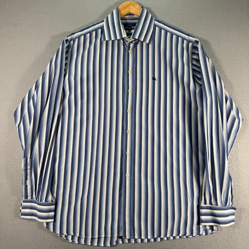 Burberry London Button Up Shirt Mens 17-43 Blue Stripes Classic Double Cuff Logo