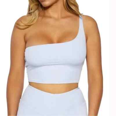 Naked Wardrobe Light Blue Ribbed One Shoulder Crop Top M NWOT
