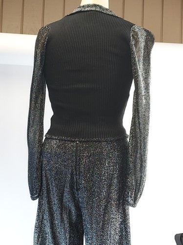 Vintage 70s Black Silver Metallic Lurex 2 pc Palazzo Wide Leg Pant Suit sz S/M - Picture 14 of 24