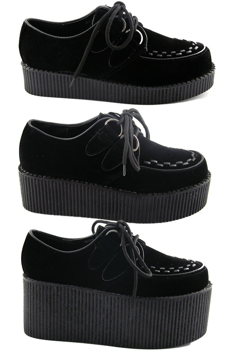 Womens Black Platform Up Flats Creepers Punk Goth Shoes Size 3-8 | eBay