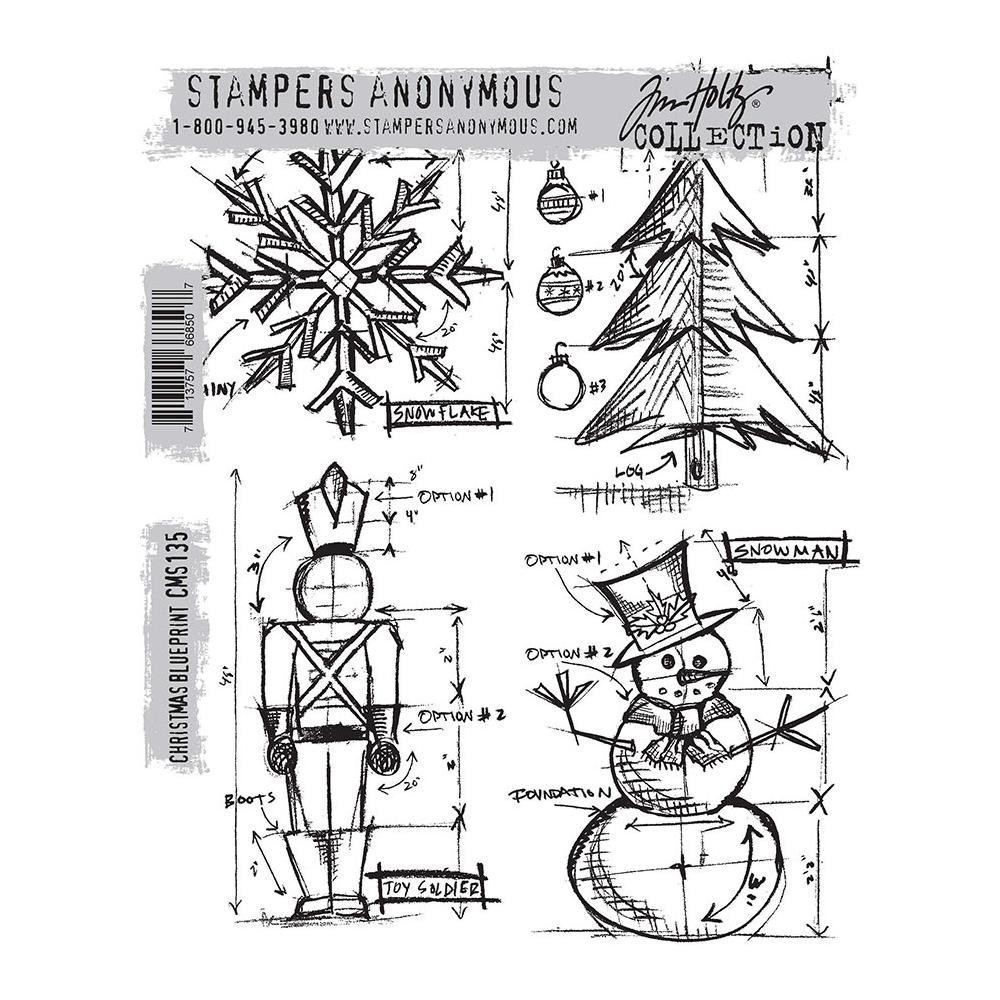 Tim Holtz Stampers Anonymous "CHRISTMAS BLUEPRINT" Rubber Cling Stamp Set