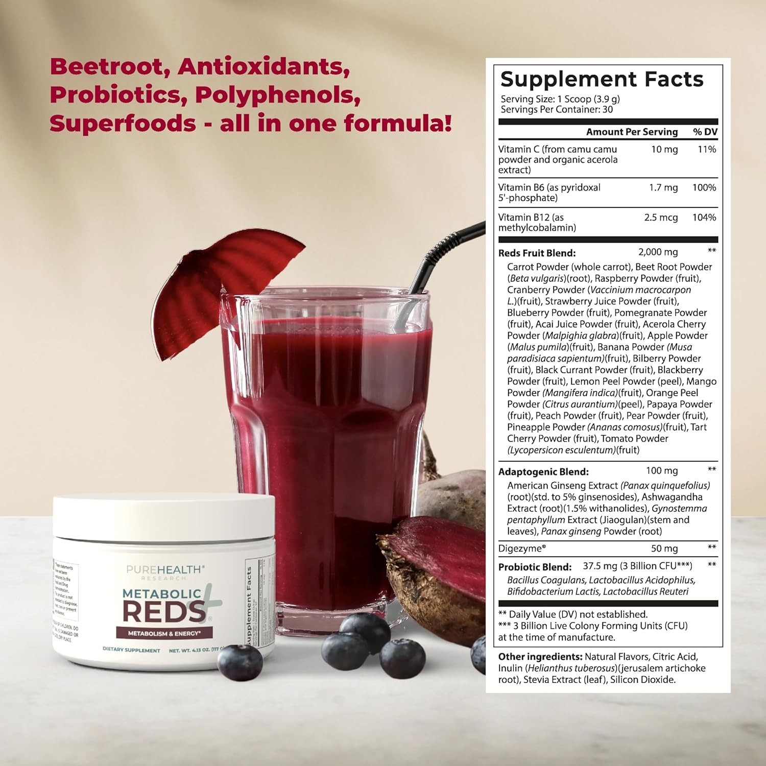 REDS SUPERFOODS Powder Antioxidants Supplement Energy PUREHEALTH RESEARCH