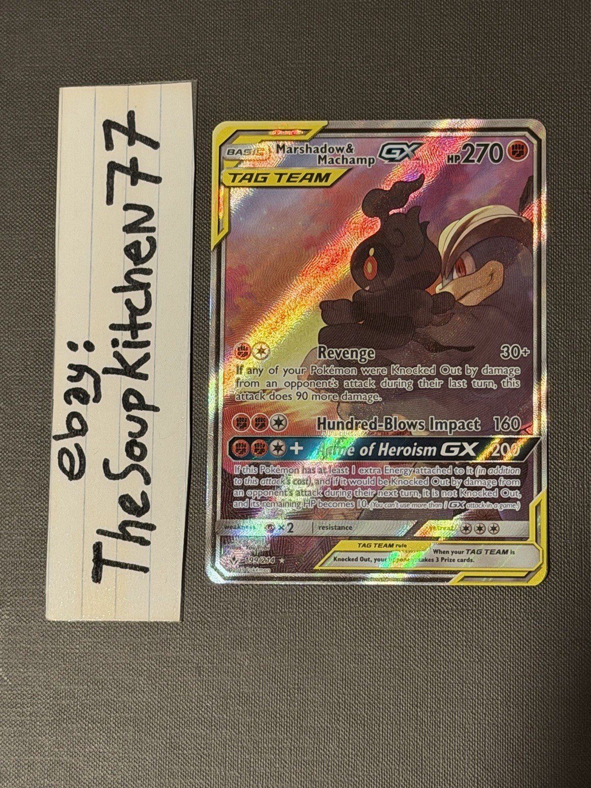 Marshadow & Machamp GX 199 214 Full Art Unbroken Bonds Pokemon Card NM