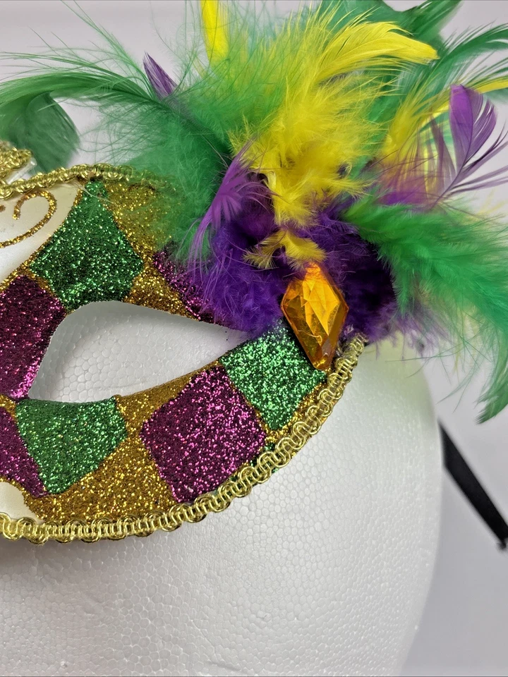 MARDI GRAS Masquerade Venetian Green, Purple, Gold, Jewels & Feather Womens Mask - Image 3 of 4