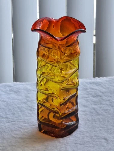 Blenko Glass 607 Folded Vase Tangerine Wayne Husted 1960s Sandblasted MCM 9.75"