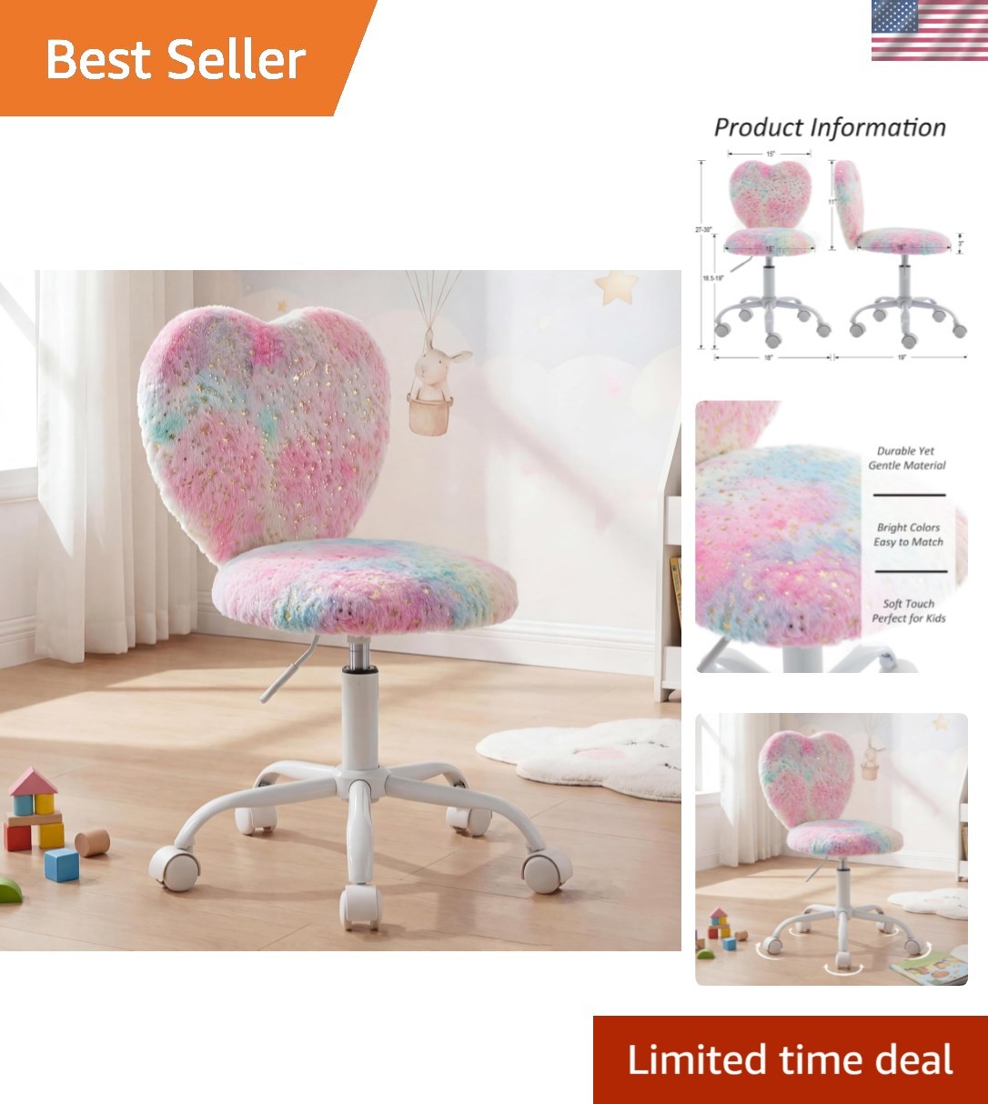 , Cute Heart Girls Desk Chair, Rolling Study Chairs Furry Pi
