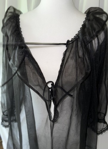Vtg Nightgown Chiffon Jill Andrea NY Plunge Poet Long Slv Ruffle Black M L 42 + - Picture 10 of 16