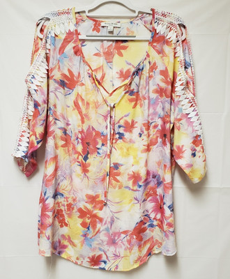 Studio Works Women s 1X Blouse Multicolor Floral Cold Shoulder Embellished NWOT