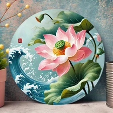 Pond Design Round Aluminum Wall Decor Pink Flowers Green Leaves