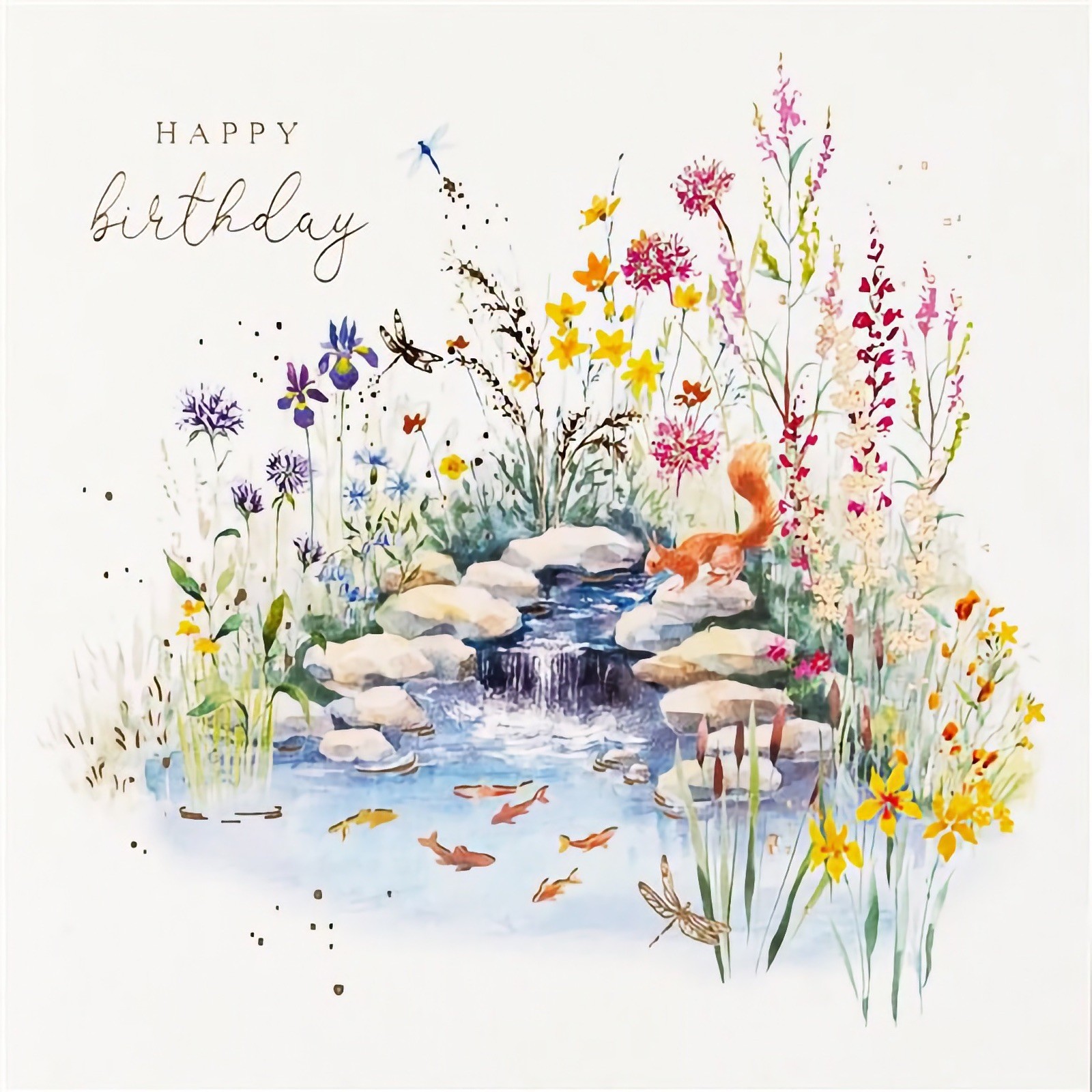 Happy Birthday Card Garden Pond Floral Flowers Mum Dad Nan Grandad Friend