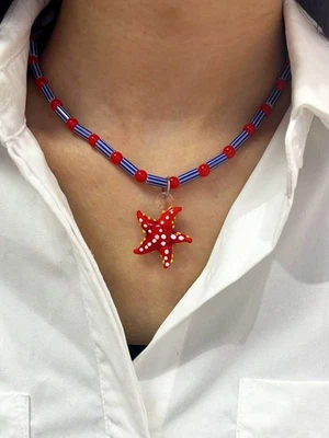 KERAMIK, GLAS  ***Kette Modeschmuck Collier Choker 40-45 cm,  Seestern Anhänger - Bild 1 von 4