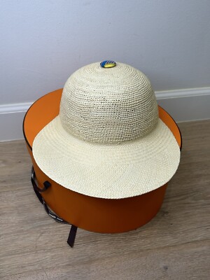 HERMES エルメス ハット アイボリー 57 4103525E0144 Hermes Straw Sun Hat Full Set With Hatbox Sz. 57 | eBay