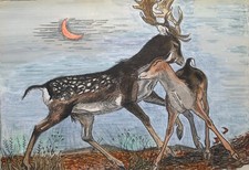 Aquarell Karl Adser 1912-1995 Damwild mit Halbmond Damhirsch