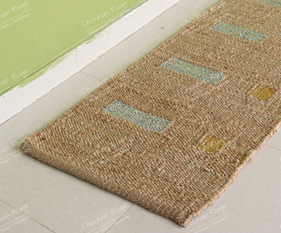 Alfombra de cáñamo beige tejido a mano indio, alfombra de cabecera, alfombras para sala de estar Foto 3 de 4