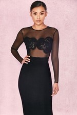 House of CB Sofi Black Stretch Mesh & Lace Bodysuit size S